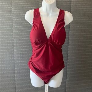 Red Plunge Crossback Side-Ruched Swimsuit